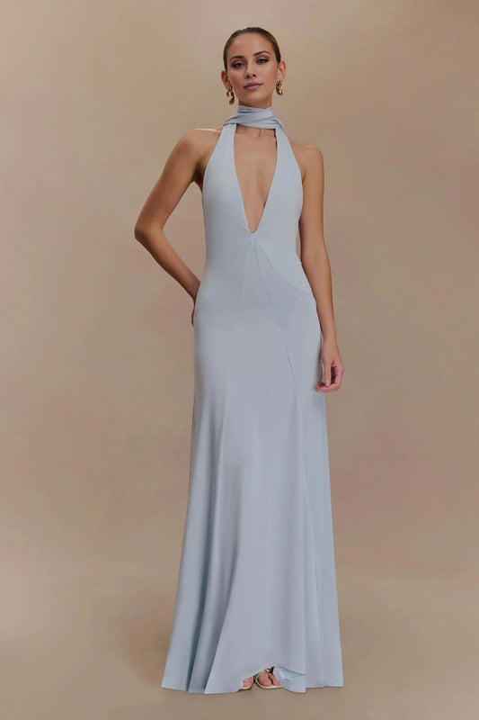 Timeless Halter-Neck Sleeveless Plunging V-Back Ruched Floor-Length Evening Dress by YiHuiw