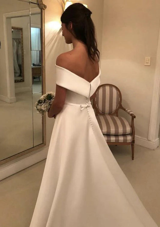 Timeless Off-the-Shoulder Satin A-Line Wedding Dress with Low Back & Cathedral Train