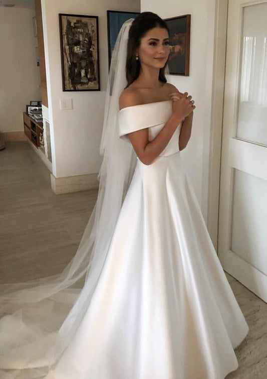 Timeless Off-the-Shoulder Satin A-Line Wedding Dress with Low Back & Cathedral Train