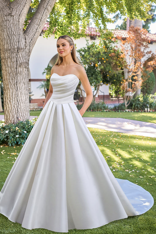 Timeless Satin Ballgown Strapless Cowl-Neck Ruched-Bodice Button-Detail Train Wedding Dress