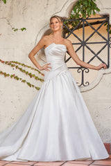 Timeless Satin Ballgown Strapless Cowl-Neck Ruched-Bodice Low-Back Train Wedding Dress