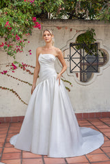 Timeless Satin Ballgown Strapless Cowl-Neck Ruched-Bodice Low-Back Train Wedding Dress