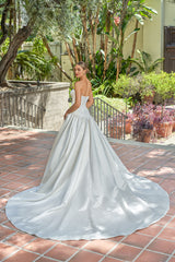 Timeless Satin Ballgown Strapless Sweetheart Corset-Bodice Button-Detail Cathedral-Train Wedding Dress