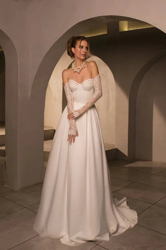 Timeless Satin Ballgown Strapless Sweetheart Lace-Glove Corset-Back Train Wedding Dress by YiHuiw