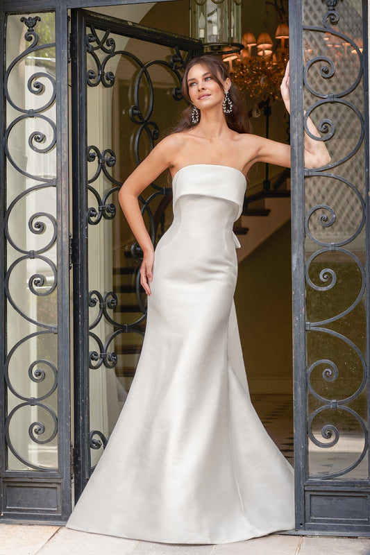 Timeless Satin Mermaid Strapless Sweetheart Low-Back Oversized-Bow Train Wedding Dress by YiHuiw