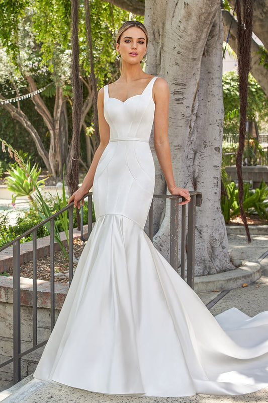 Timeless Satin Mermaid Sweetheart-Neck Sleeveless Low-Back Button-Detail Train Wedding Dress by YiHuiw