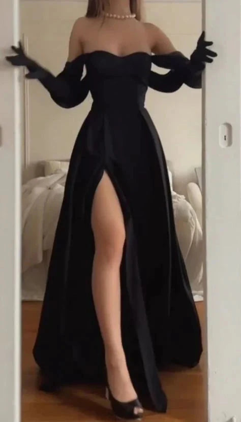 Trendy Black A-line Long Evening Dress with Split Unique Formal Dresses simple gentle atmospheric and unique desi Bring summer colors to enhance whiteness by YiHuiw
