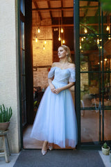 Tulle Ballgown Off-the-Shoulder Pearl-Embellished Sheer Sleeve Lace-Up Back Tea-Length Sky Blue Prom Dress