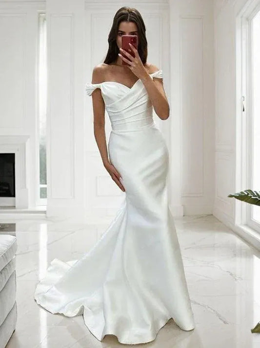 Mermaid Sweetheart Satin Draped Floor-Length Wedding Dress - Yihuiw by Yihuiw