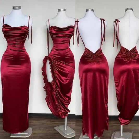 Unique Dark Red Spaghetti Straps Sheath Prom Dress Wedding Party Dresses simple gentle atmospheric and unique desi Bring summer colors to enhance whiteness by YiHuiw