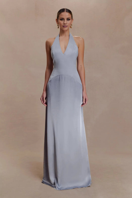 Upscale Satin Halter-Neck Sleeveless Plunging V-Back Flowy Floor-Length Evening Dress by YiHuiw