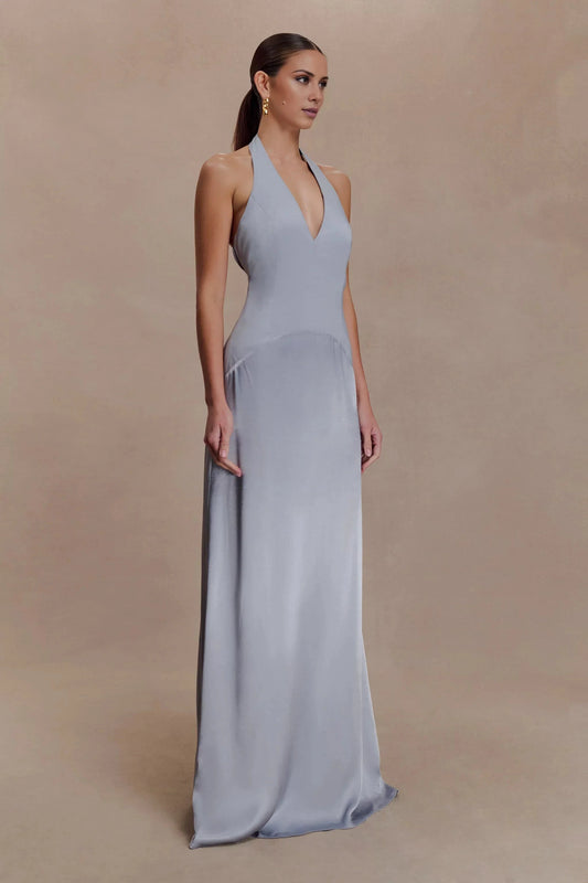 Upscale Satin Halter-Neck Sleeveless Plunging V-Back Flowy Floor-Length Evening Dress by YiHuiw