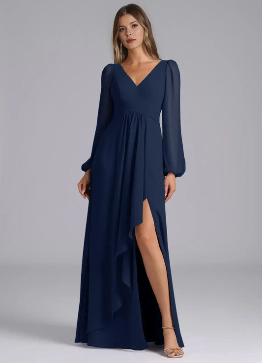 Empire Waist V-Neck Chiffon Long Sleeve High Slit Wedding Dress - Yihuiw by Yihuiw