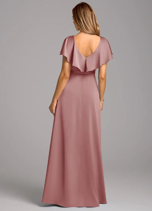 V-Neck Satin Short Sleeve Floor-Length Wedding Dress - Yihuiw by Yihuiw