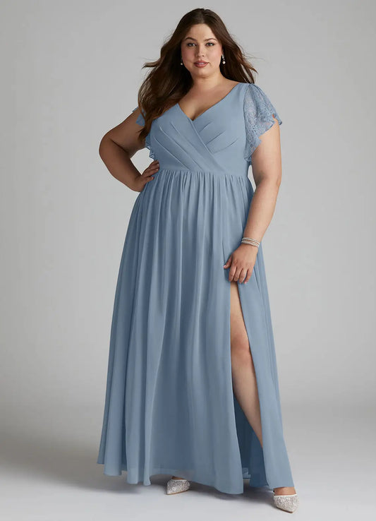 V-Neck Lace High Slit Floor-Length Wedding Dress - Yihuiw by Yihuiw