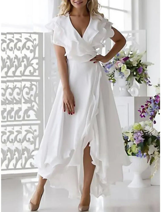 V-Neck Chiffon Short Sleeve Ruffled Mini Wedding Gown - Yihuiw by Yihuiw