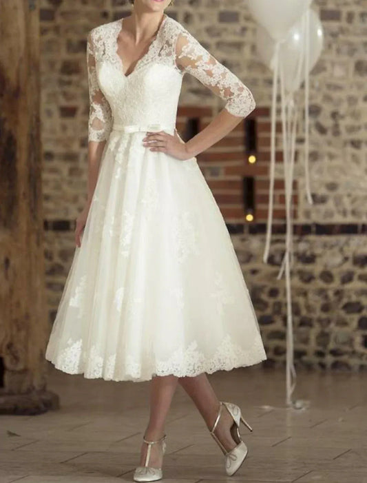 V-Neck Satin Midi Wedding Dress - Yihuiw by Yihuiw