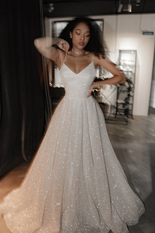 V-Neck Glitter Ballgown Wedding Dress Thin Spaghetti Straps Lace-Up Back Sweep Train Bridal Gown by LANQI DRESS