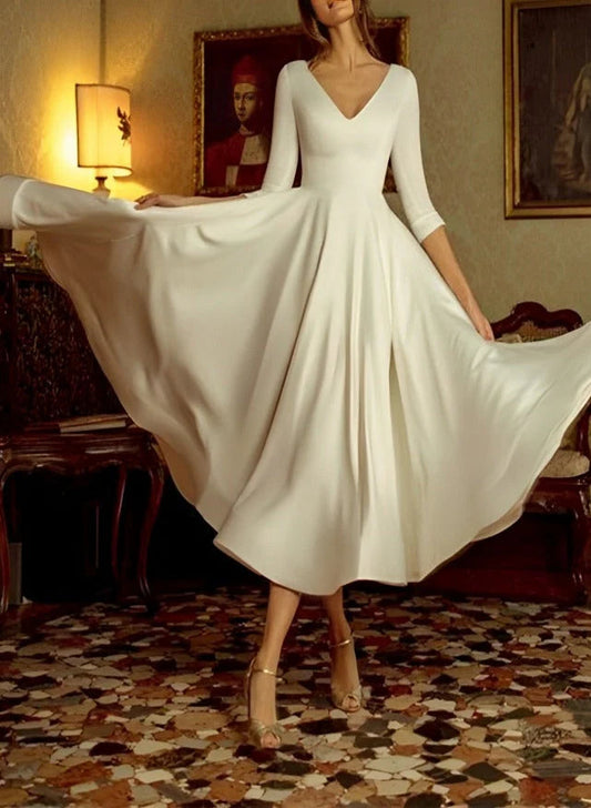 V Neck 3/4 Sleeve Satin Tea Length Wedding Dress A Line Flowy Short Bridal Dress