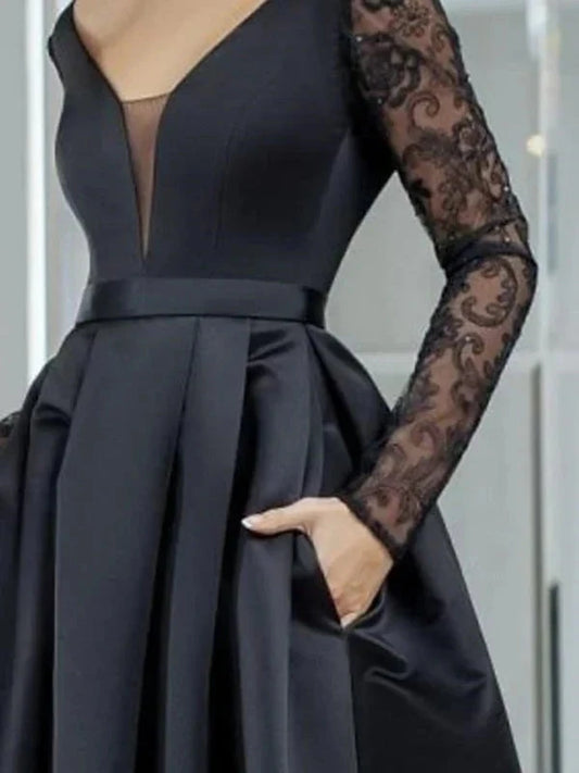V Neck Long Sleeves Black Lace Long Prom Dresses,High Low Black Formal Dresses simple gentle atmospheric and unique desi Bring summer colors to enhance whiteness by YiHuiw
