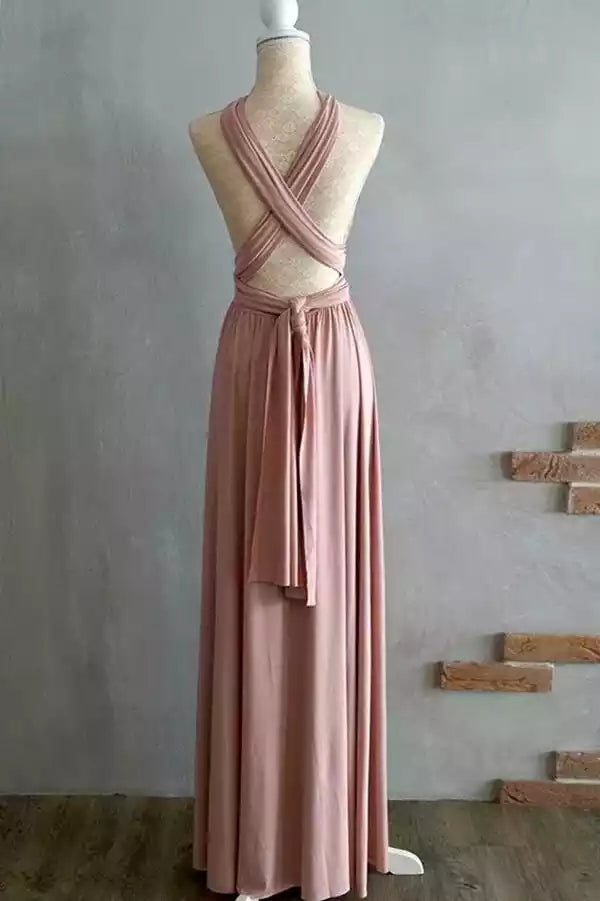 Versátil vestido largo convertible de punto en rosa empolvado