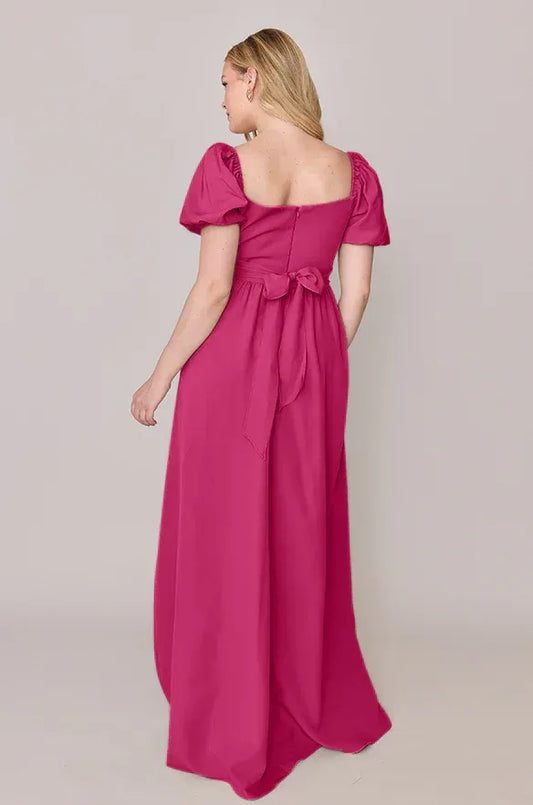 A-Line Square Neck Puff Sleeve High Slit Floor-Length Wedding Dress - Yihuiw by Yihuiw