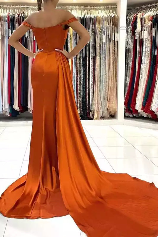 Vibrant Burnt Orange Satin Mermaid Prom Dress with Off-the-Shoulder Neck & Cathedral Train