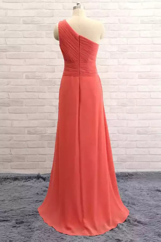 Vibrant Coral Chiffon One-Shoulder Dress with Pleated Bodice