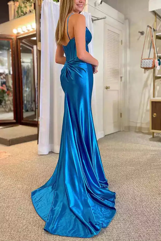 Vibrant Electric Blue Satin Mermaid Dress with Plunge V-Neck & Open Back