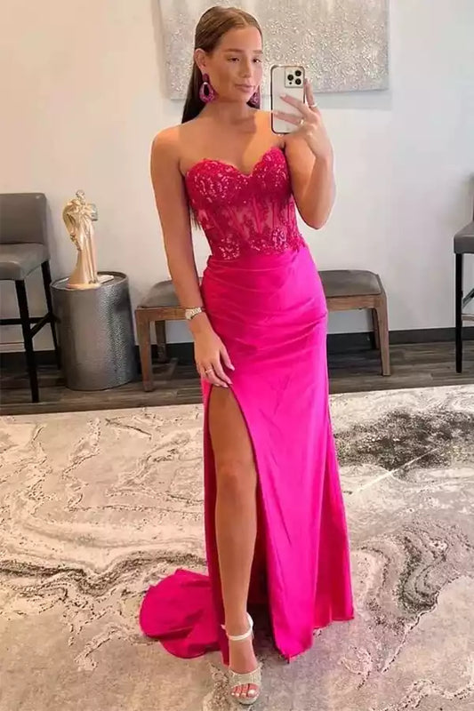 Vibrant Hot Pink Satin Mermaid Prom Dress with Lace Corset Bodice & High Slit
