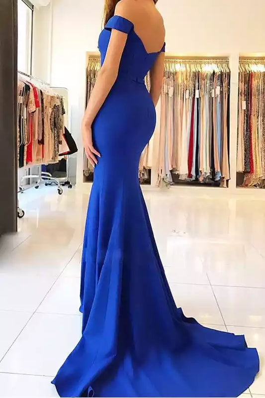 Vibrant Royal Blue Satin Mermaid Dress with Off-the-Shoulder Sweetheart Neck