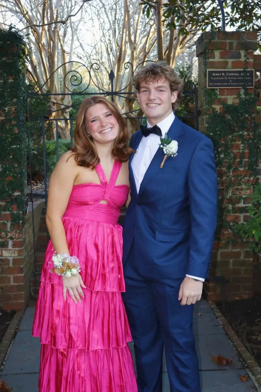 Vibrant Tiered Prom Dresses with Crisscross Halter Neckline, Ruched Bodice and Shimmering Tiered Skirt Formal Gown by JiMiss Dresses