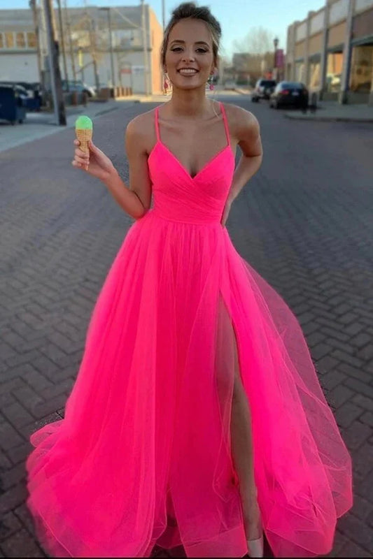 Vibrant tulle A-line V-neck spaghetti strap lace-back slit floor length evening dress