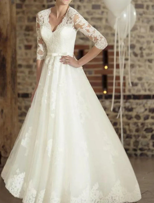 A-Line V-Neck Satin Three-Quarter Sleeve Train Wedding Dress - Yihuiw by Yihuiw