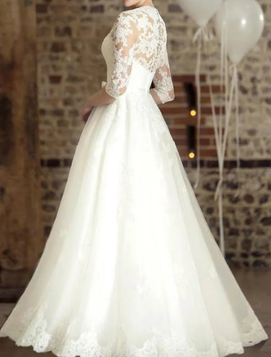 A-Line V-Neck Satin Three-Quarter Sleeve Train Wedding Dress - Yihuiw by Yihuiw