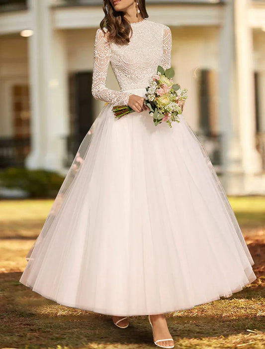 A-Line High Neck Lace Long Sleeve Tea-Length Wedding Dress - Yihuiw by Yihuiw
