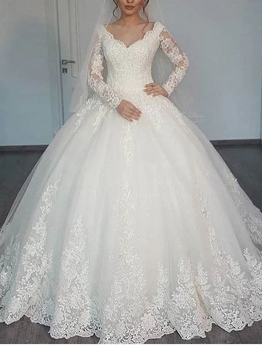 Ball Gown Tulle Long Sleeve Lace-Up Back Train Wedding Gown - Yihuiw by Yihuiw