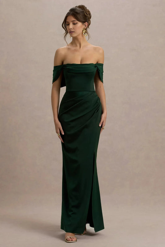 Vintage Mermaid Off Shoulder Draped Sleeve Ruched High Slit Floor Length Prom Dress by YiHuiw