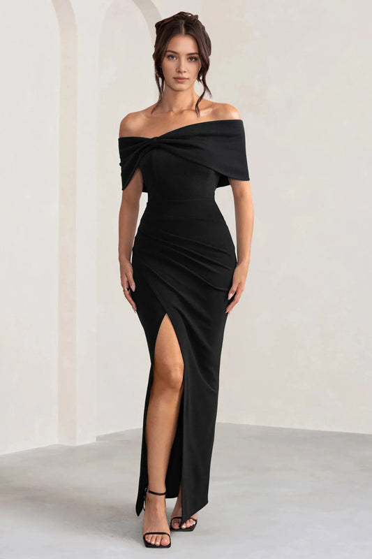 Vintage Mermaid Off Shoulder Knot Accent Sleeveless High Slit Floor Length Prom Dress by YiHuiw