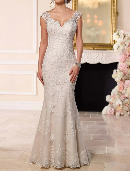 Mermaid Illusion Lace Cap Sleeve Open Back Train Wedding Dress - Yihuiw by Yihuiw