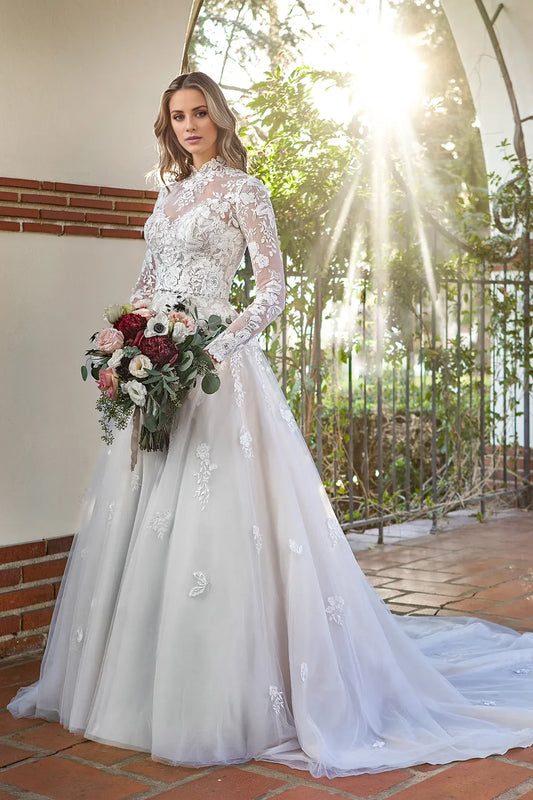 High Neck Lace Long Sleeve Open Back Floor-Length Wedding Dress - Yihuiw by Yihuiw