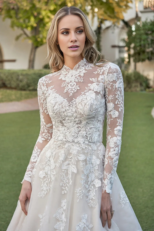 High Neck Lace Long Sleeve Open Back Floor-Length Wedding Dress - Yihuiw by Yihuiw