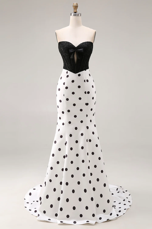 Robe de soirée sirène vintage à pois, avec corsage bustier en dentelle et nœud, idéale pour les événements formels