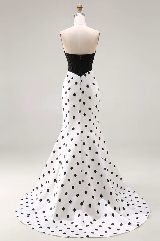 Robe de soirée sirène vintage à pois, avec corsage bustier en dentelle et nœud, idéale pour les événements formels
