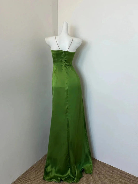 Vintage green slim shoulder strap strapless satin dress with pleated design showcasing elegant temperament by YiHuiw