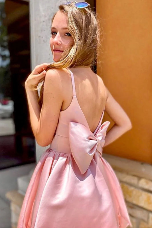 Blush Pink Satin Homecoming Dress with V-Neck and Open Back – Elegant A-Line Cocktail Mini Dress