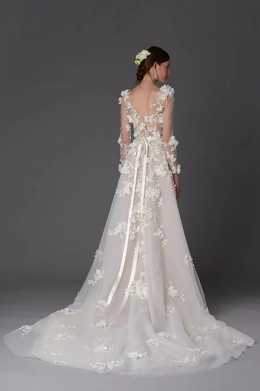 Whimsical A-Line Deep V-Neck 3D Floral Long-Sleeve Satin-Bow Back Train Wedding Dress by YiHuiw