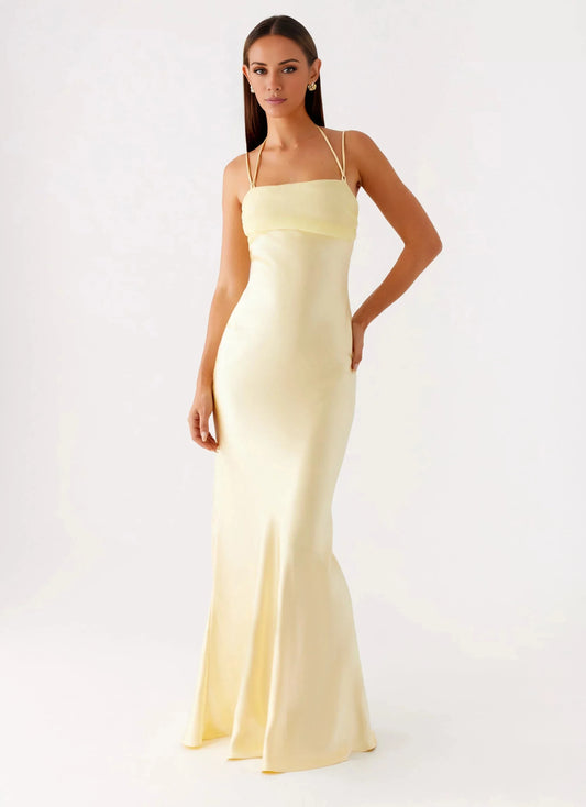 Whimsical Mermaid Halter Neck Sleeveless Tie-Back Satin Floor-Length Prom Dress by YiHuiw