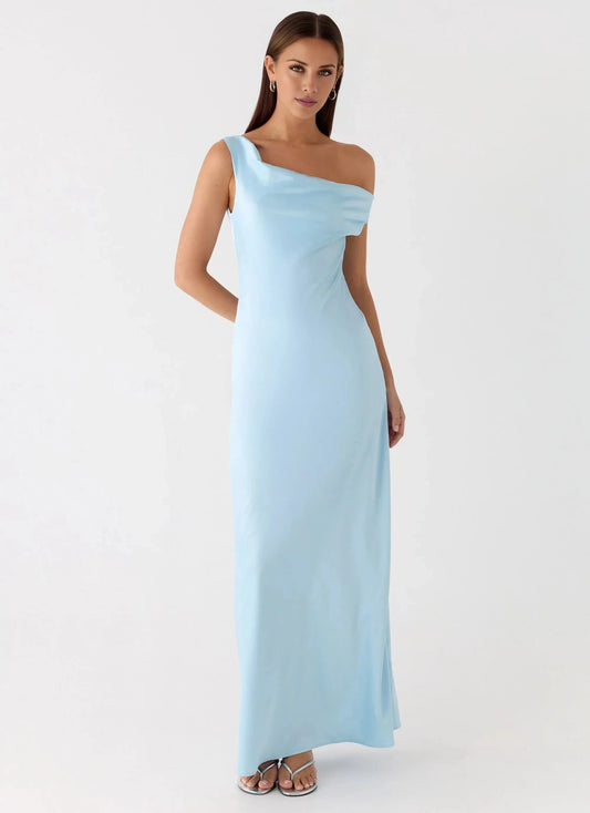 Whimsical One-Shoulder Neck Sleeveless Open-Back Satin Floor-Length Prom Dress by YiHuiw