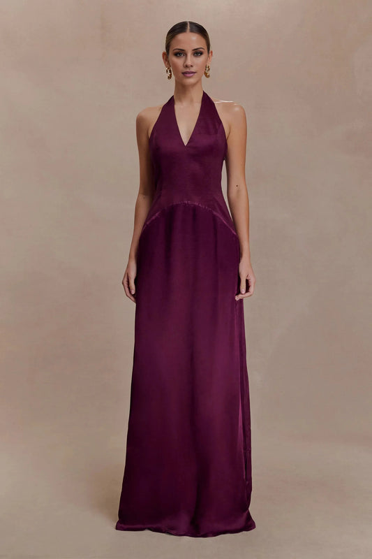 Whimsical Satin Halter-Neck Sleeveless Open-Back Flowy Floor-Length Evening Dress by YiHuiw